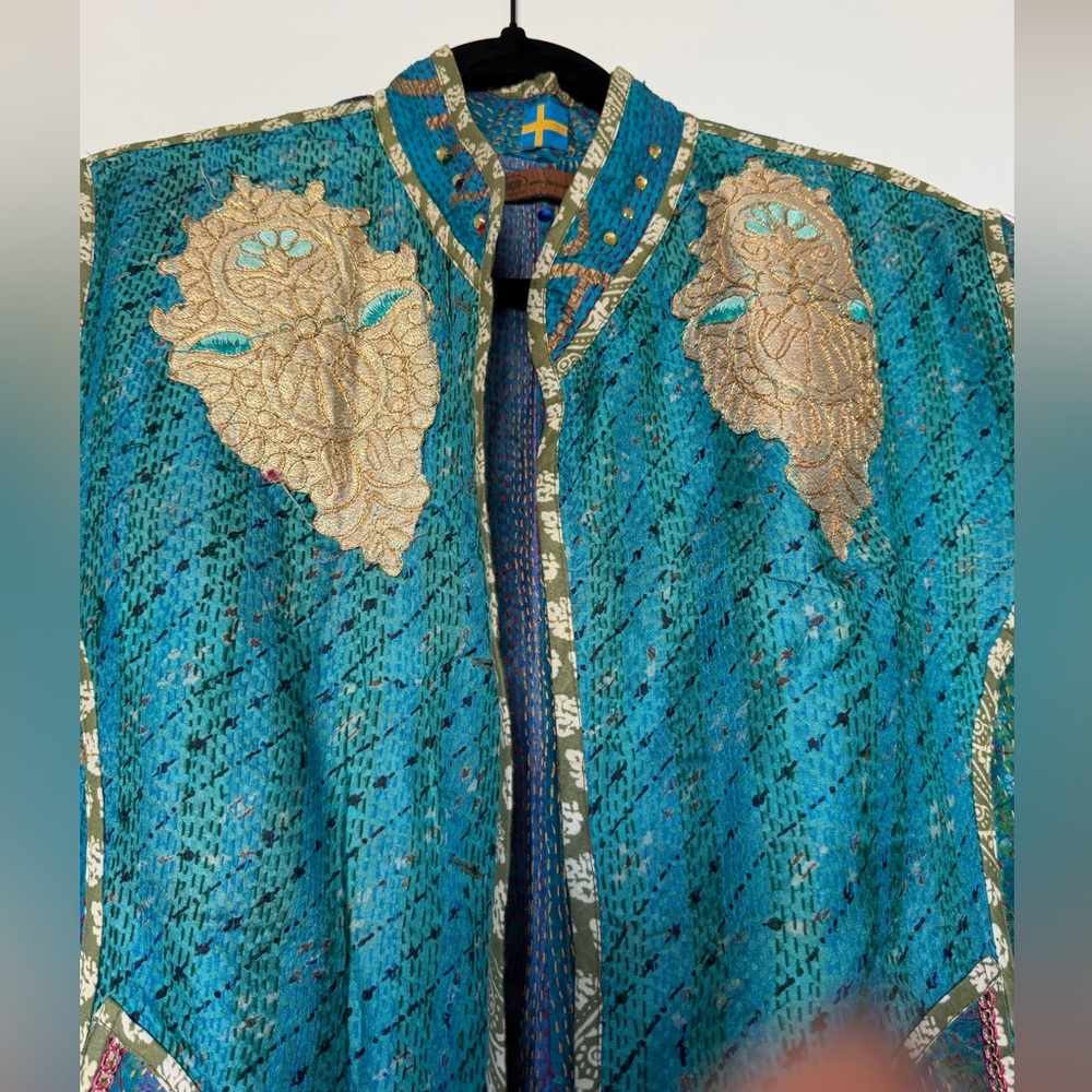Turquoise Kantha Embroidered Long Jacket – Thread Handwork, Boho Statement - Picture 3 of 6